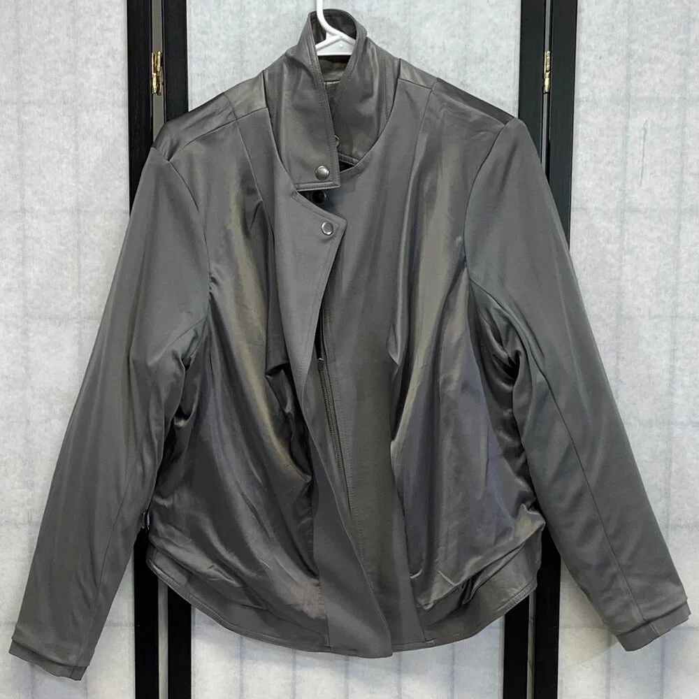 Torrid Mixed Faux Leather & Knit Zip Front Crop Moto Jacket Grey 2 Long Sleeve